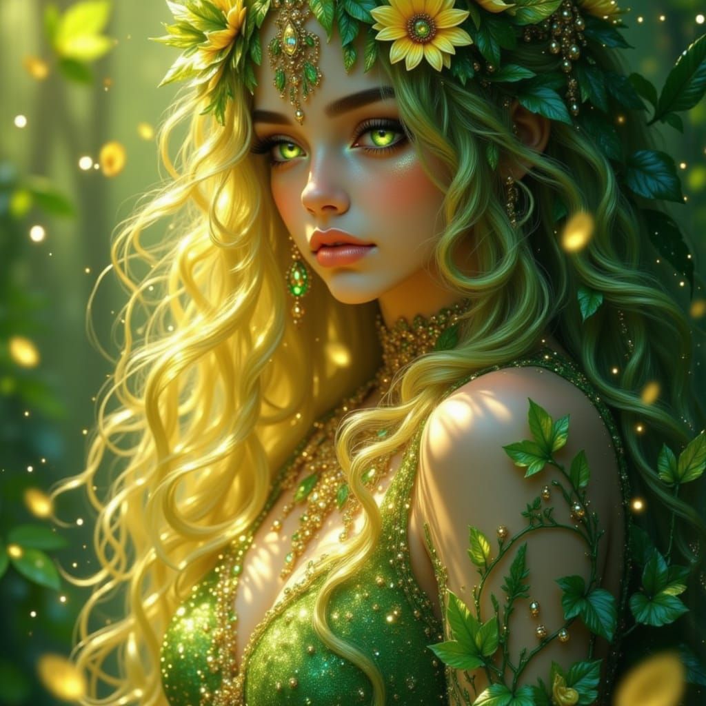 Anime earth goddess in a gown made of vines and flowers, glowing green eyes, crown of leaves, surrounded by floating petals and glowing ston...