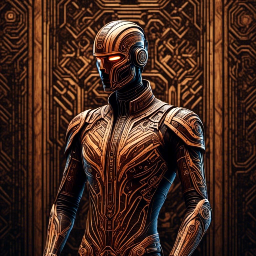 <lora:TRON-Ascension:1.0> <lora:MARQUETRY:1.0> Wooden Glowing Man dressed as Rinzler by Tron legacy, Insanely detailed wooden neon lined Mar...