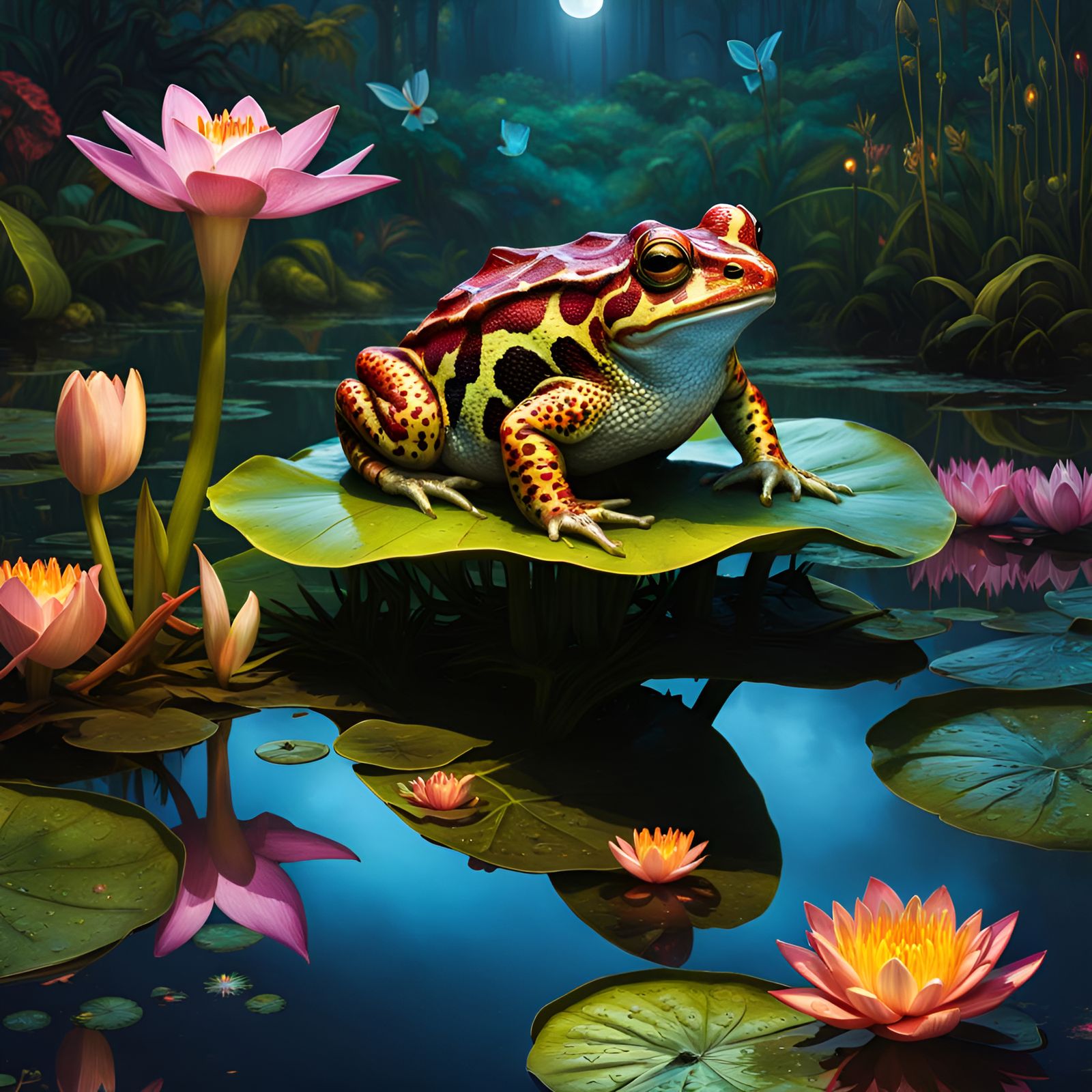 Colorful toad sitting on a lily pad.