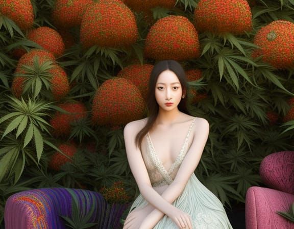 Woman Sitting In Surreal artisanal chair made entirely of Ca...