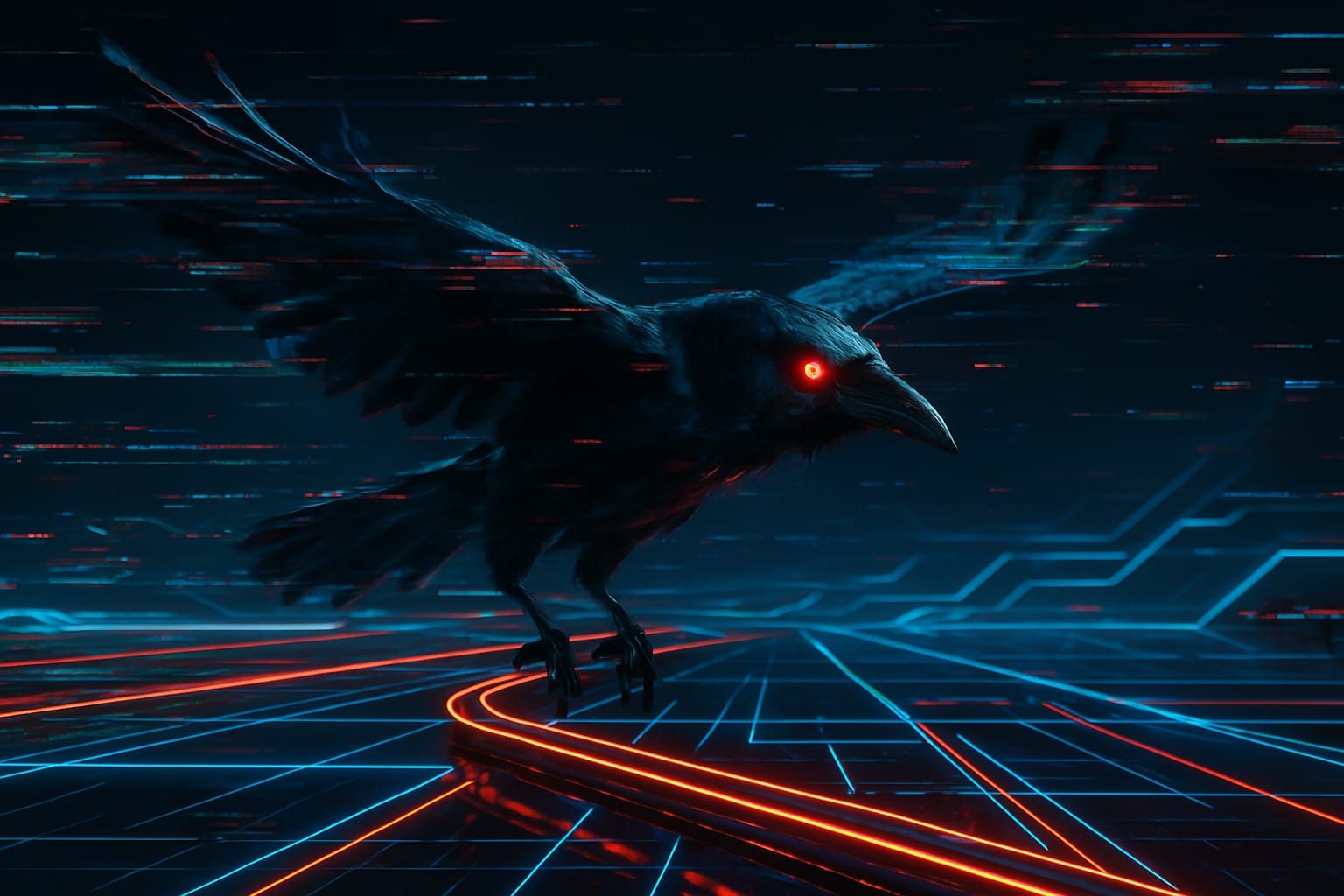 Glitched Raven flying over a Digital Landscape