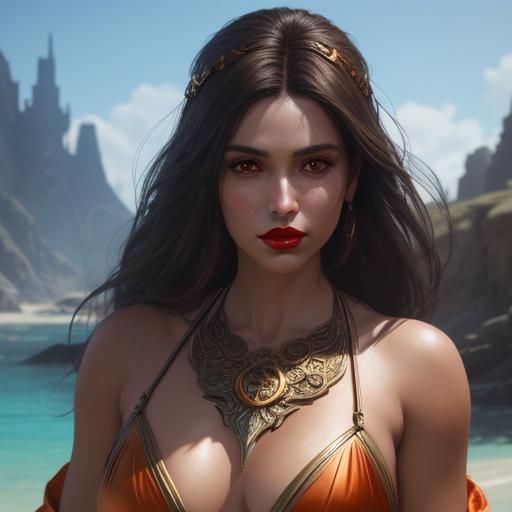 brunette woman, scuare face, red lips, hair to shoulders, re...