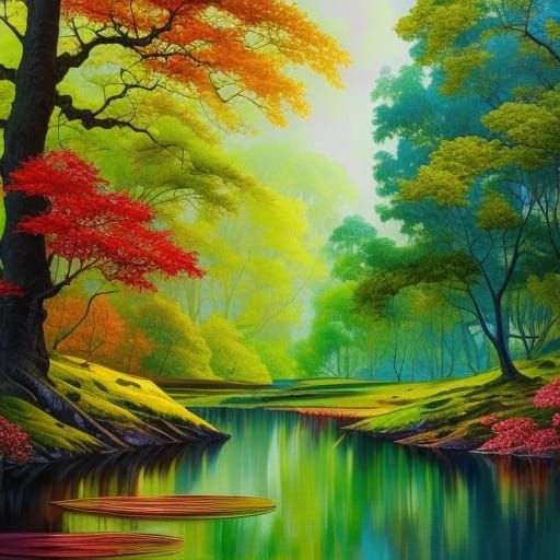 Peaceful Tree lined river- seasons change - AI Generated Artwork ...