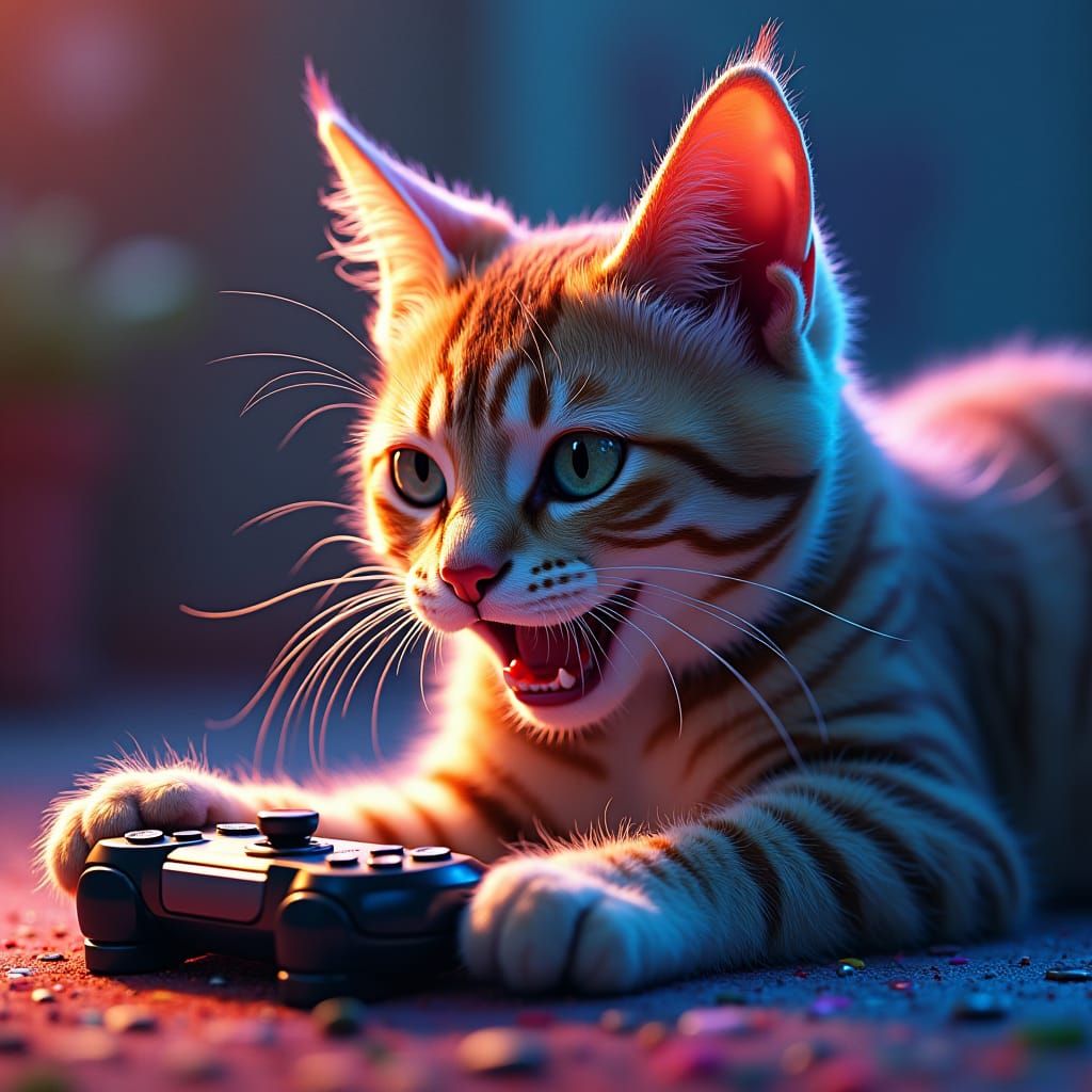 Dramatic Cat Portrait Playing a Game in Splash Art Style