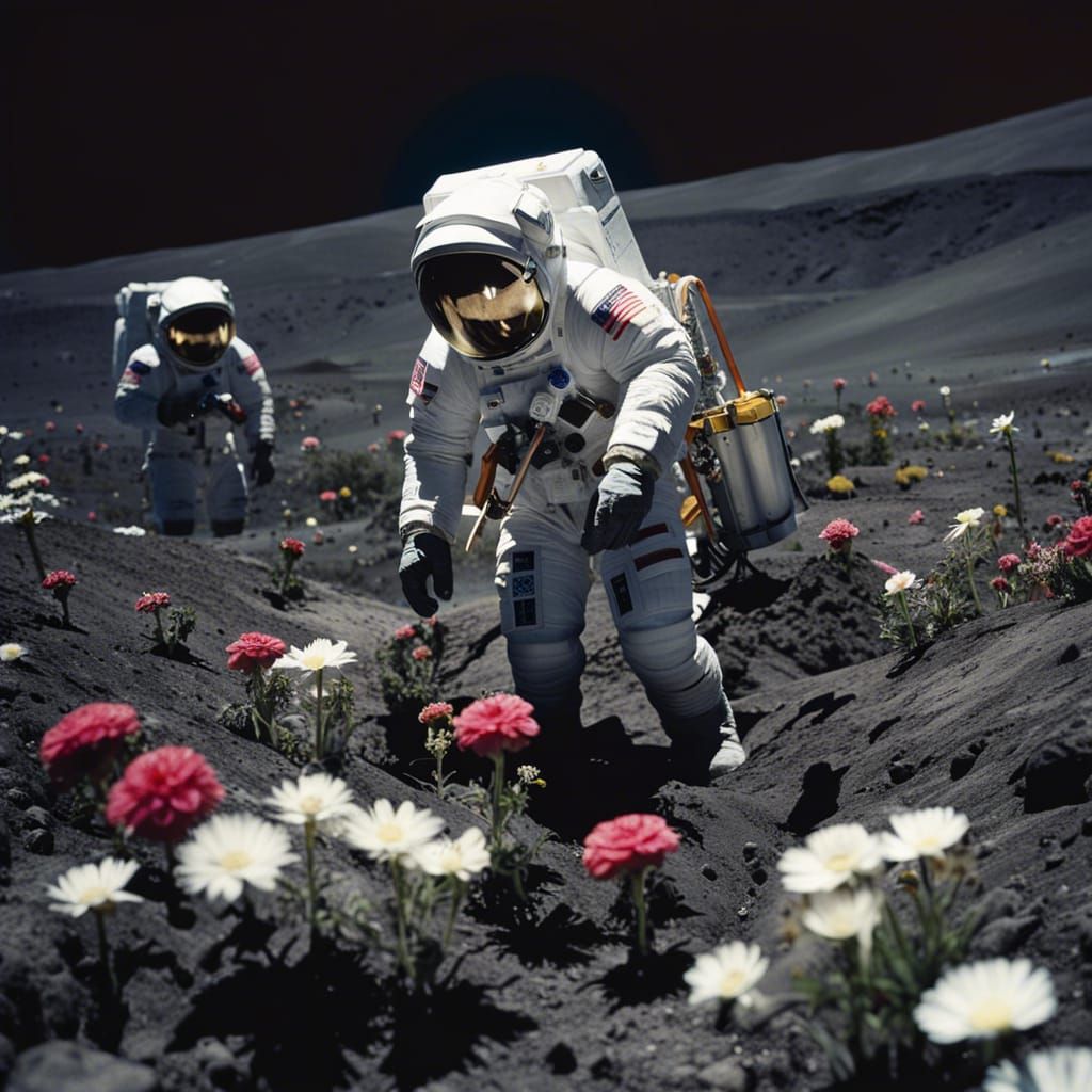  men in spacesuits tending to the flowers  on the moon.  by @svs