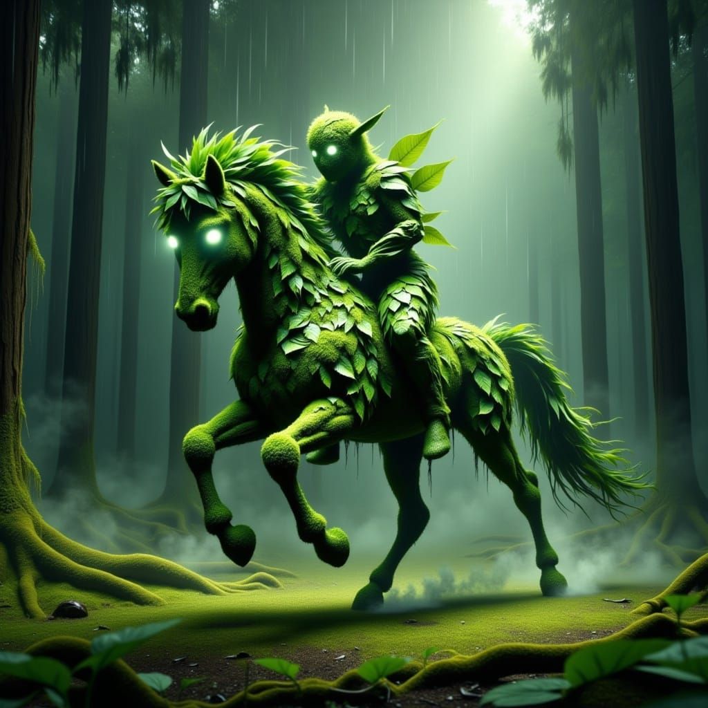 full body portrait of a cyborg (impressive stallion made of leaves: 1.7), half leaf-creature half cyborg, (meticuosly detailed mossy skin: 1...