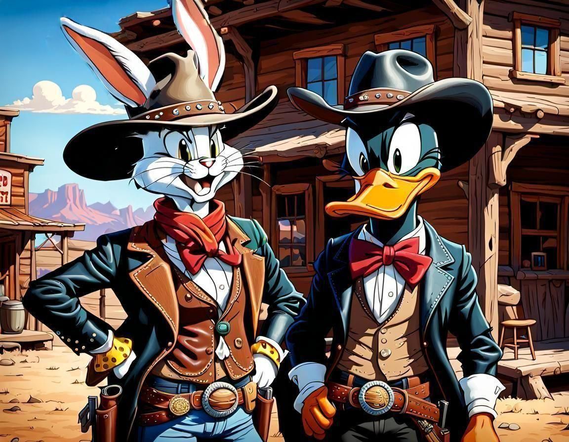 Bugs and Daffy as partners seeking their fortunes in the Old West.  by @Lorendiac H