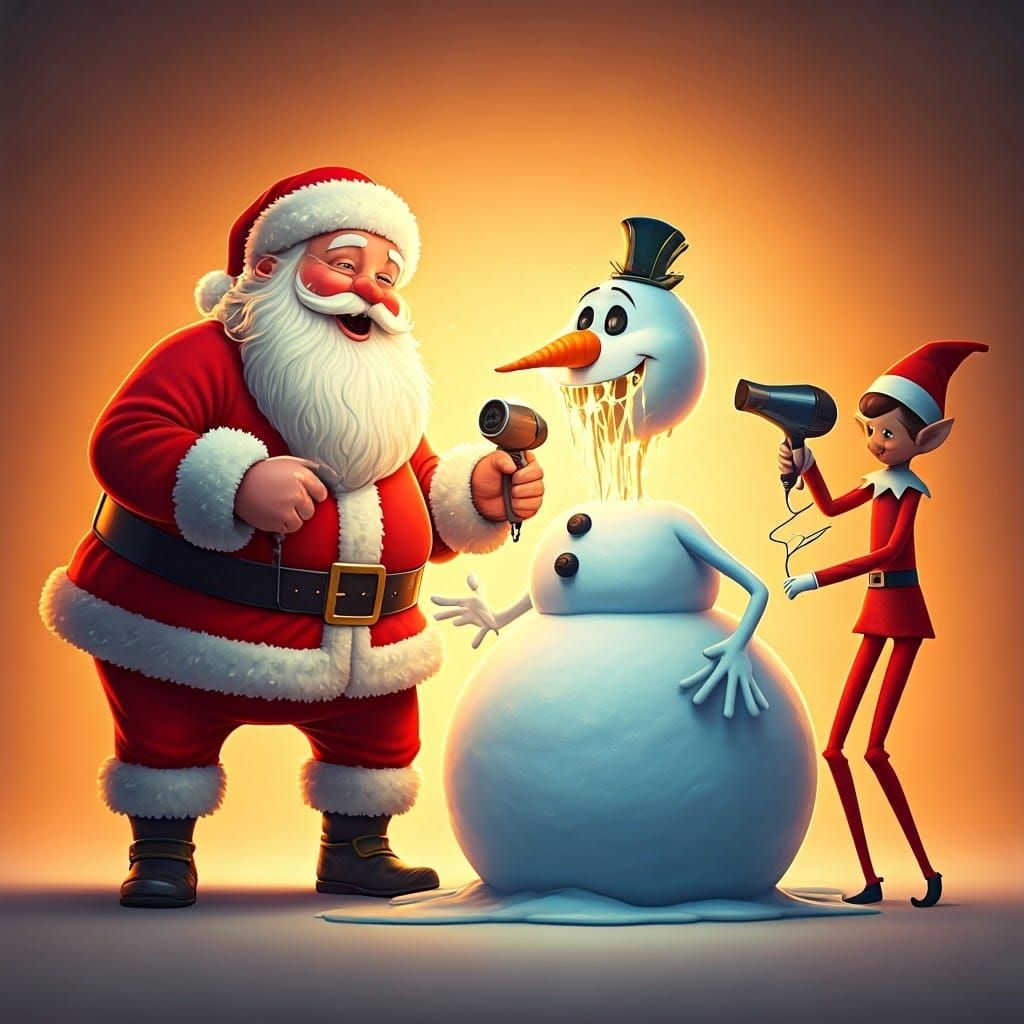 Santa clause and the Elf on the Shelf laughing while melting...