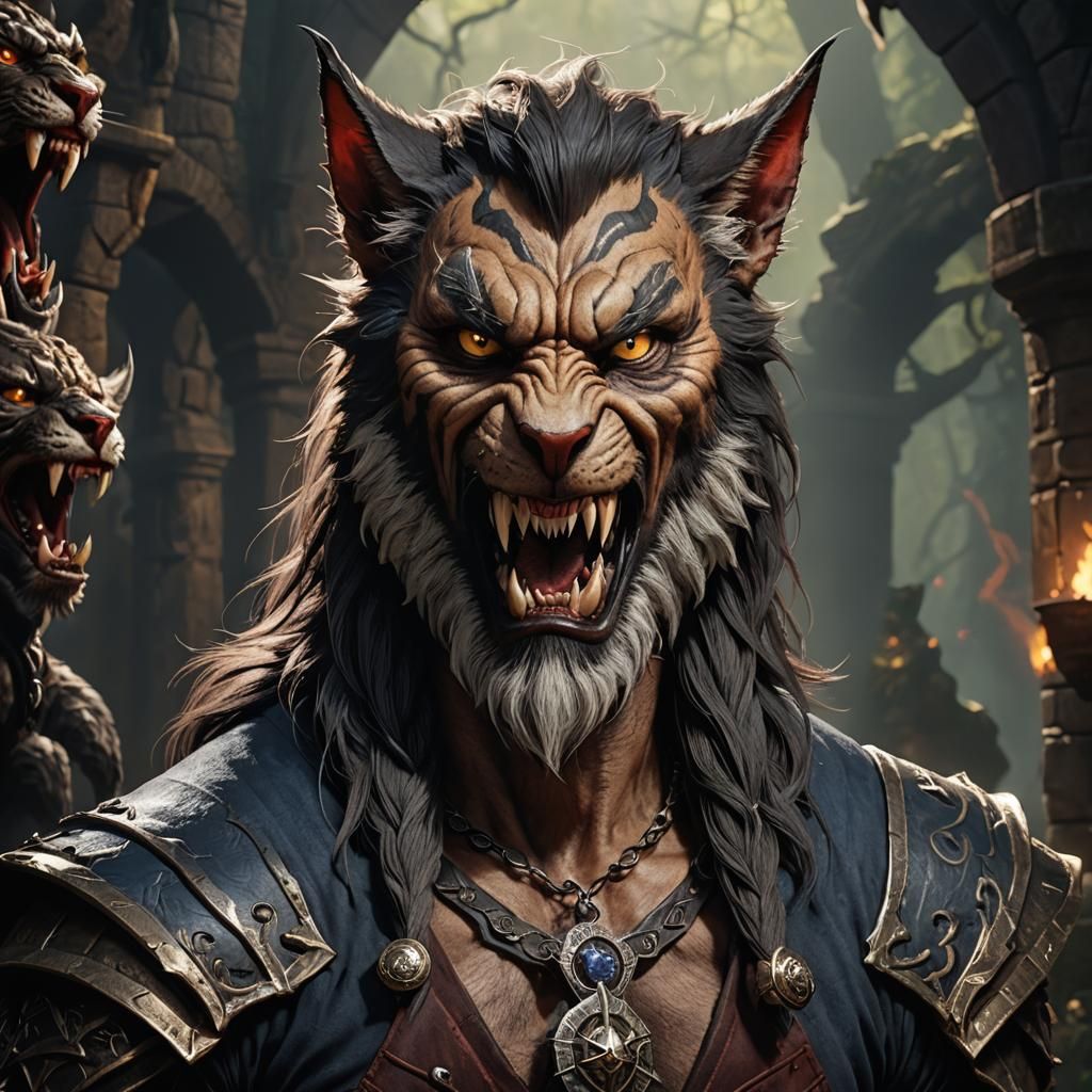 an older man looks like a werecat with fangs, a beard, sligh...