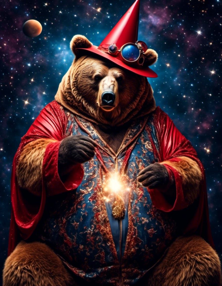 Photograph Portrait: "Obese Bear Wizard casting galactic magic":- <lora:BearZarreV2:1.0> 