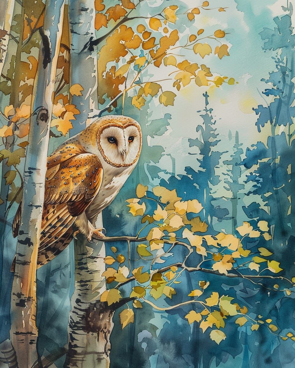 Owl in a Birch Tree