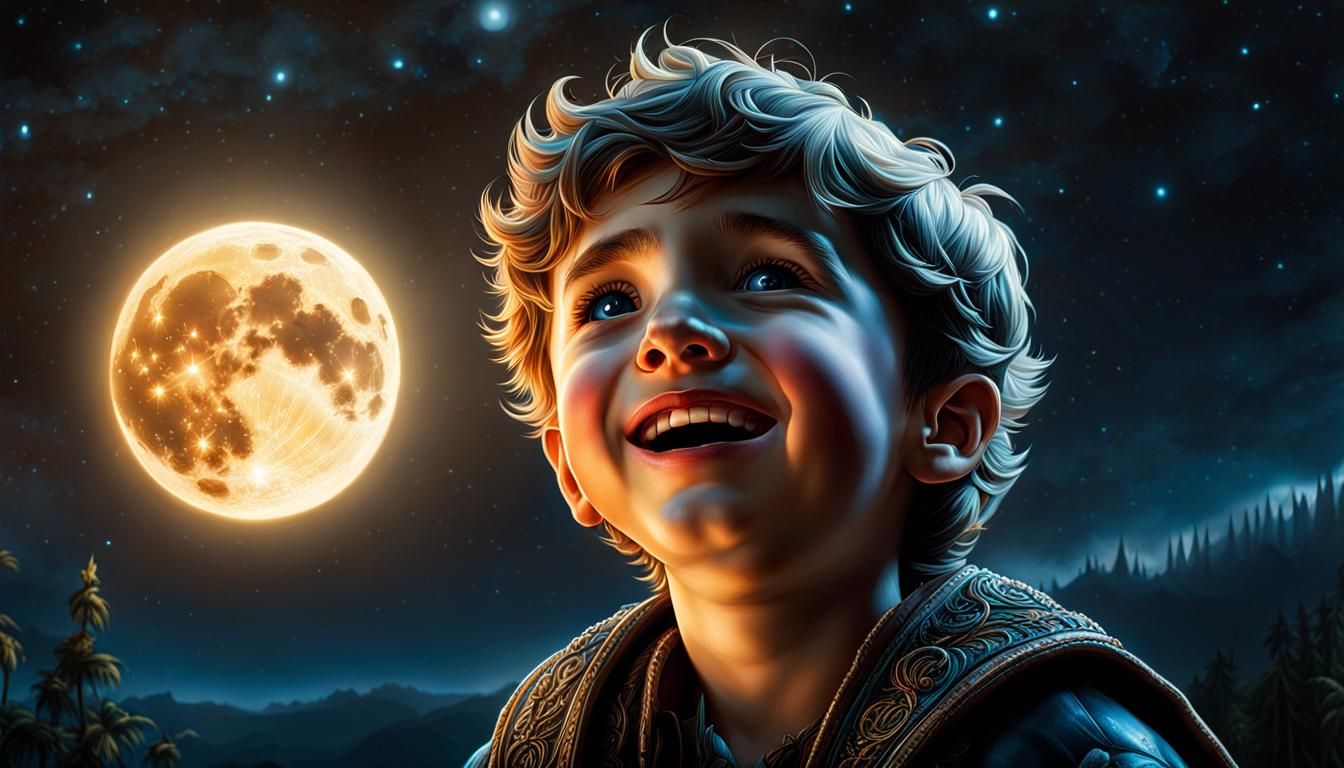 Hyper OLED Photorealistic close up of A laughing childhood boy looking at the sky,  illuminated by soft ...  by @Jokavld