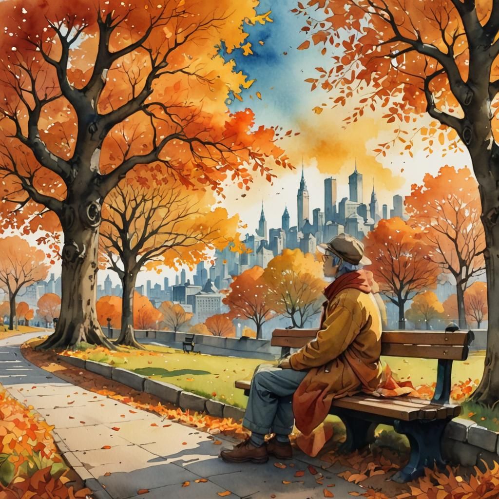 A dreamer sitting on a park bench gazing at a utopian city skyline under a tree with vibrant autumn leaves. 