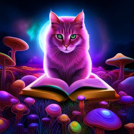 Alien cat reading book surrounded by glowing mushrooms and crystal orbs ...