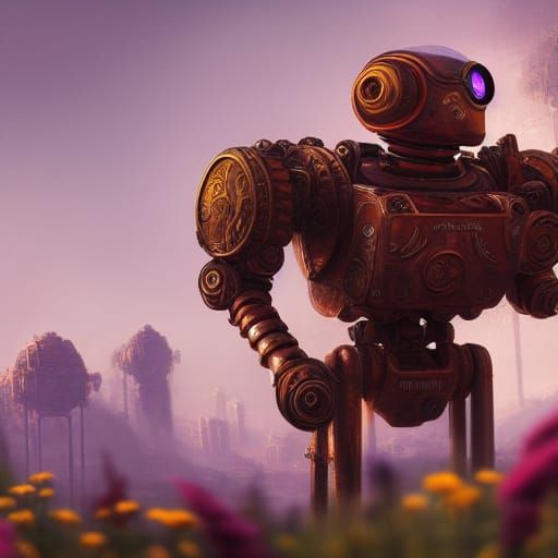 robot on the flowers - AI Artwork NightCafe Creator