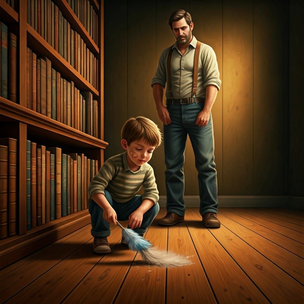 Father and Son Clean Together in Warm Golden Light