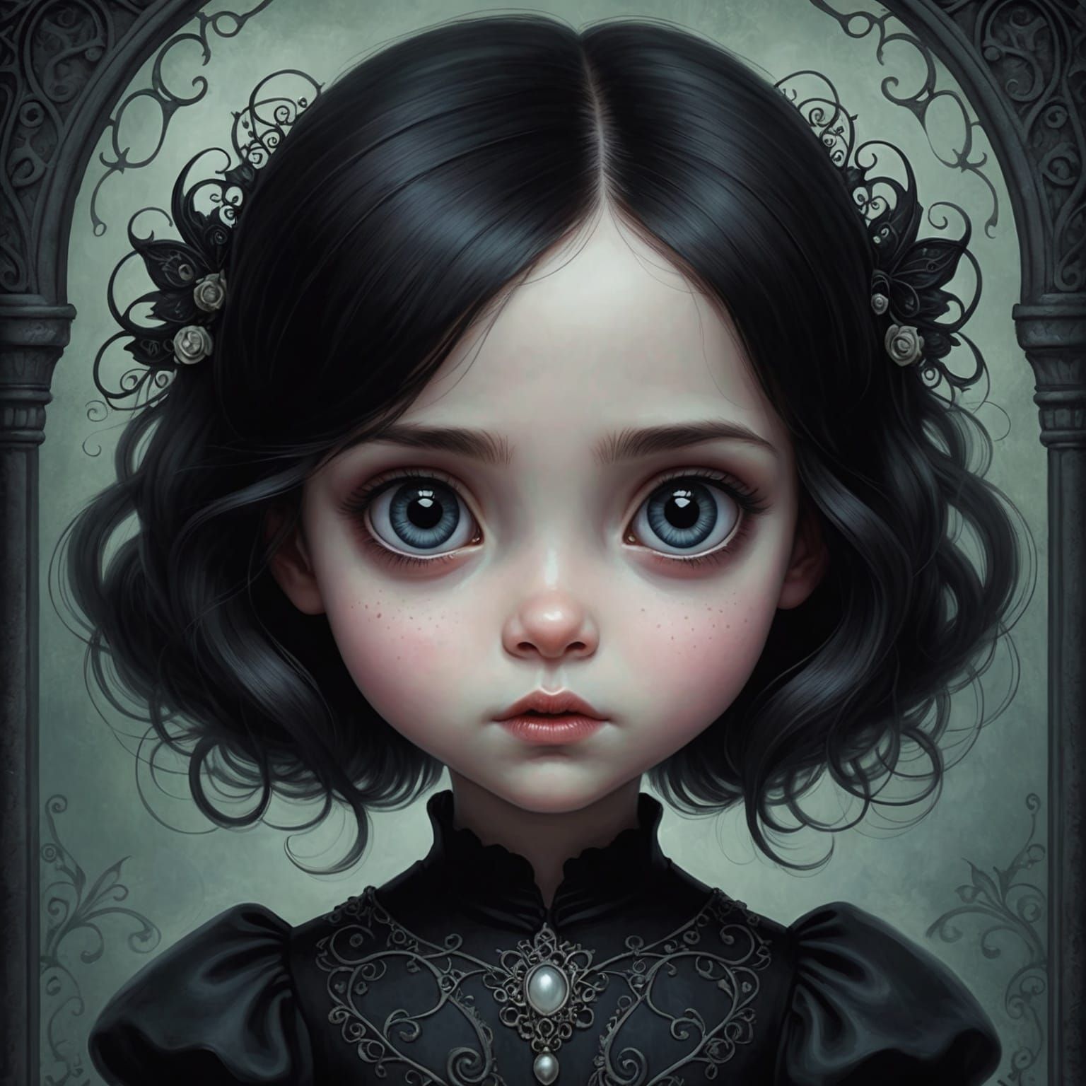 A close-up digital painting image of a gothic little girl wi...