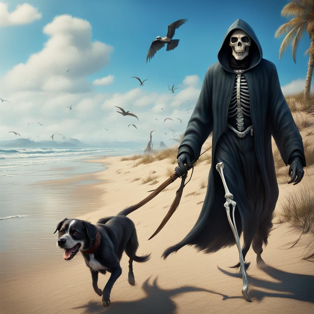 The grim reaper on the beach on a sunny day, blue skies, wea...