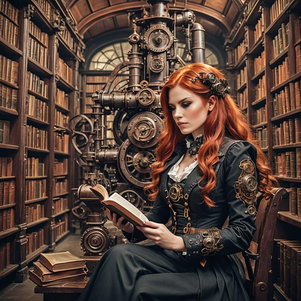Steampunk Woman Reading in Library
