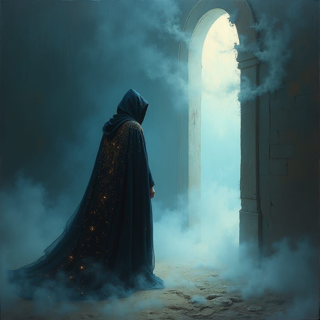 A mysterious figure stands at the threshold of a dimly lit, ...