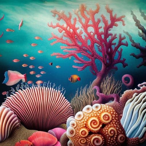 Coral, fish, shells in the ocean