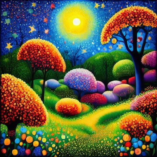 <lora:DarkPointillism15:1.0> Village trees flowers 