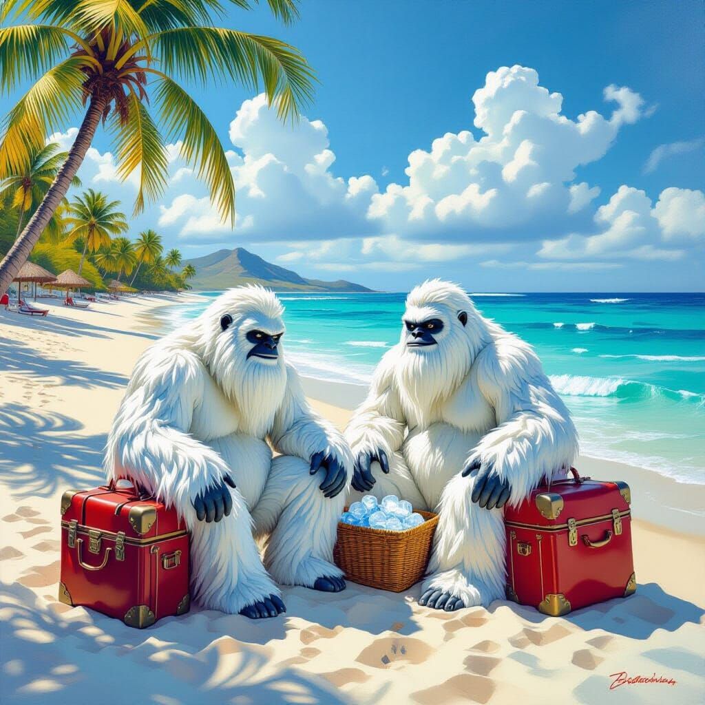 A Yeti, taking and his family take a vacation at a beach resort in Aruba. Their luggage is full of ice.

The ...  by @Marta