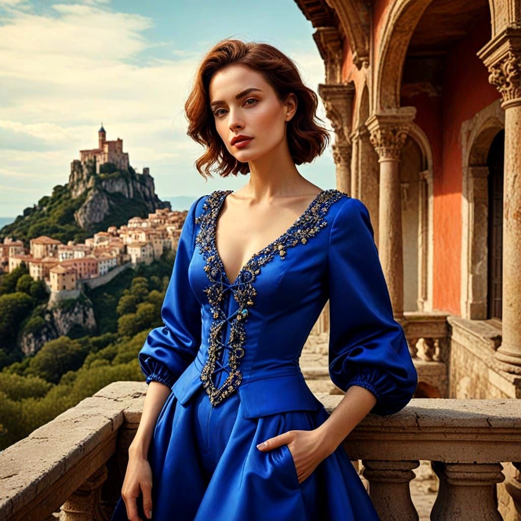 Glamorous Lady in Exotic Attire against a Breathtaking Lands...