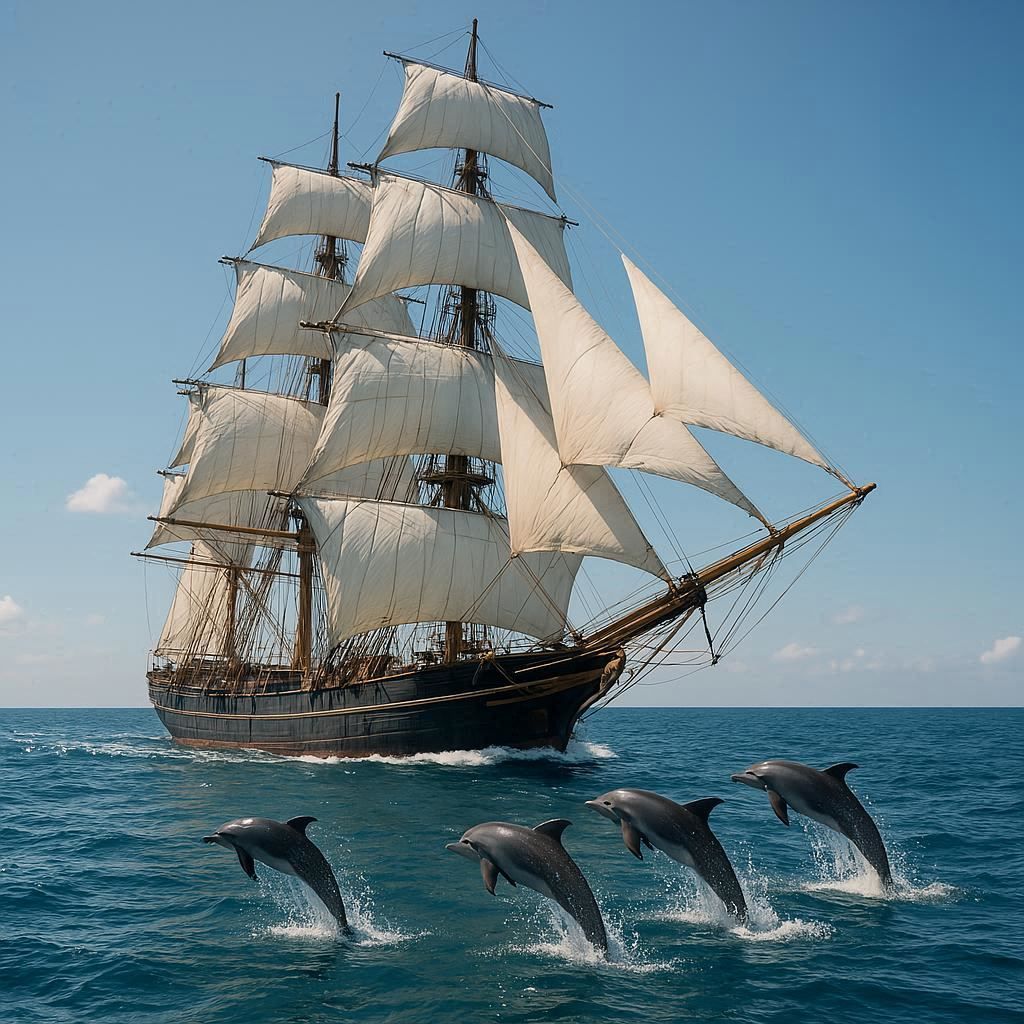 Tall ship and dolphins