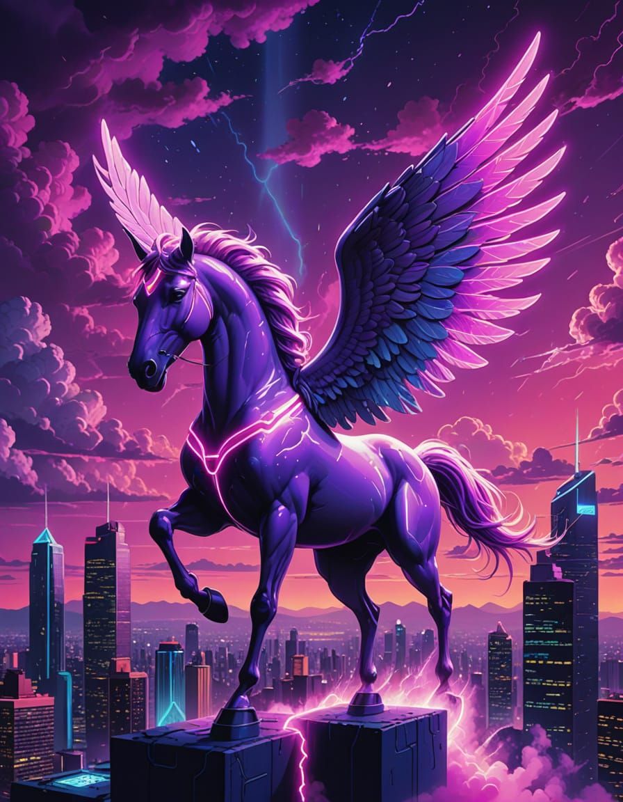 Midnight Pegasus Over Neon City