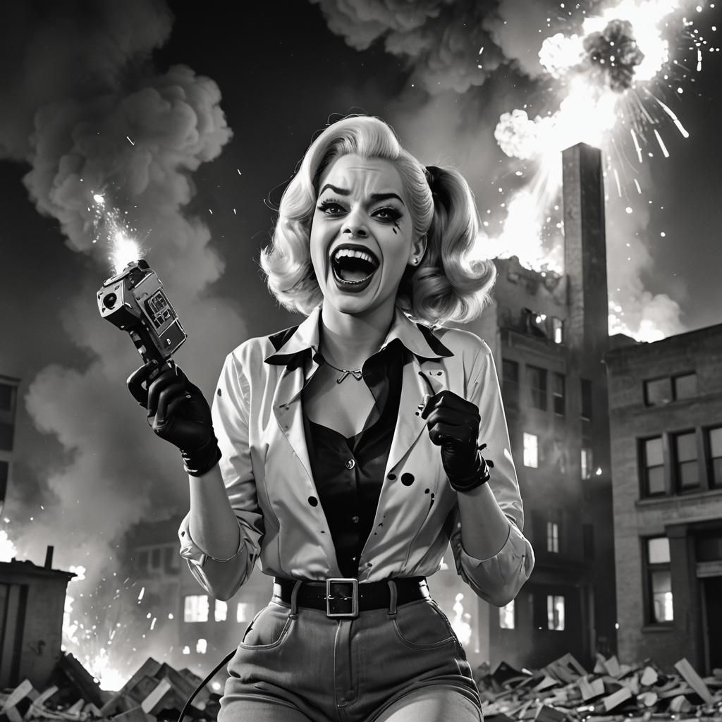 evil Harley Quinn from the 1950’s (black and white color) hysterically ...