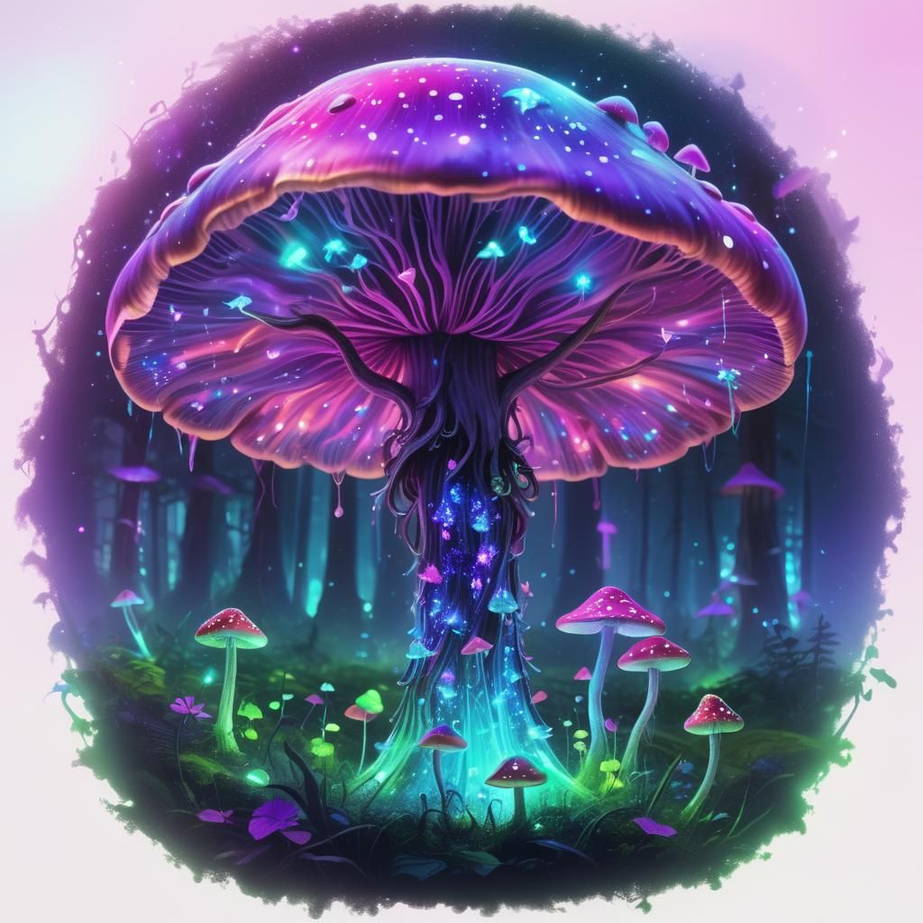 Glowing Mushroom Forests, pink, purple, green, blue glowing neon fairies playing and flying around, magical, ...  by @Yui