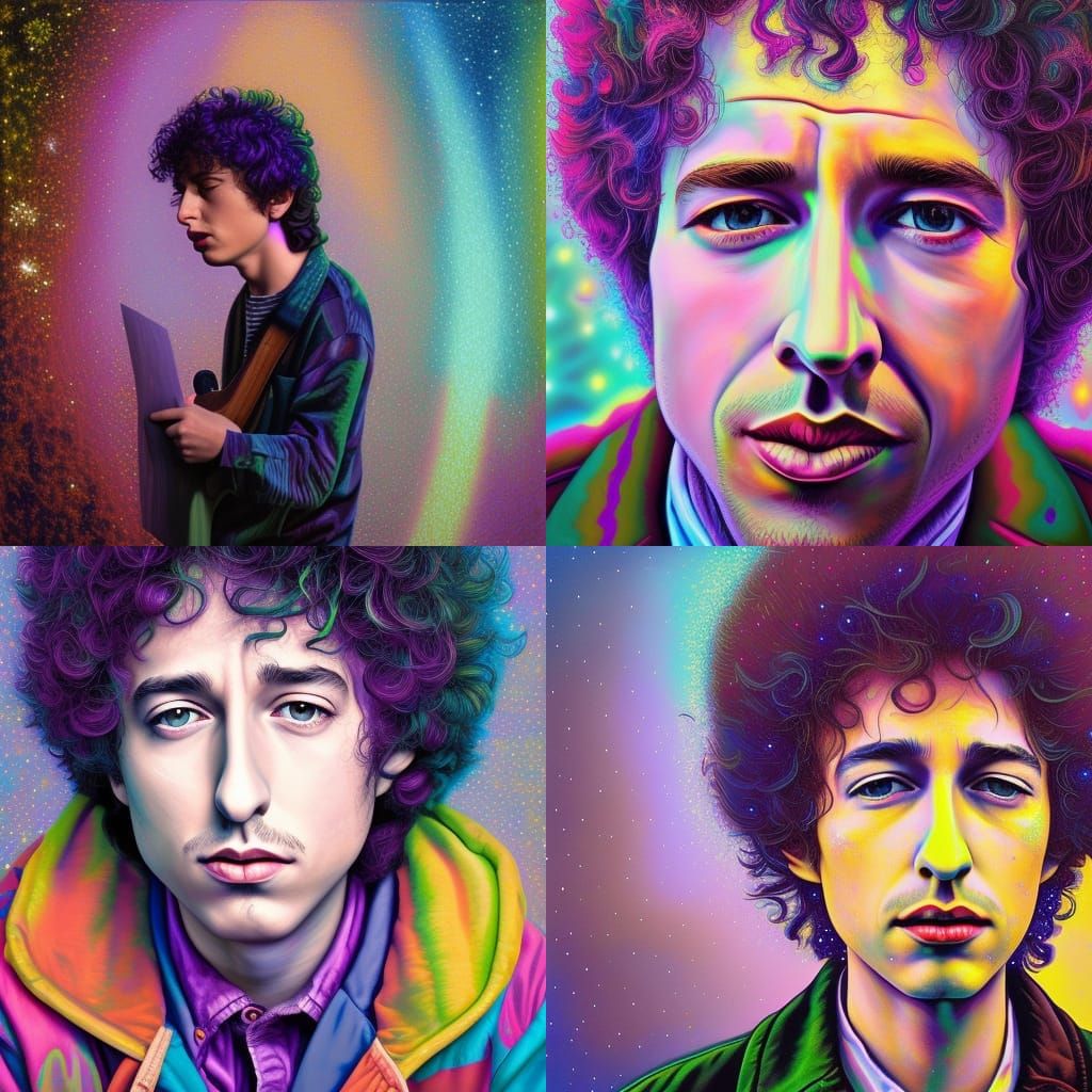 hyperdetailed oil on canvas, young Bob Dylan, pale eyes, his perfect ...