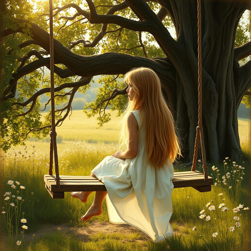 Girl on Swing in Dreamy Pre-Raphaelite Style
