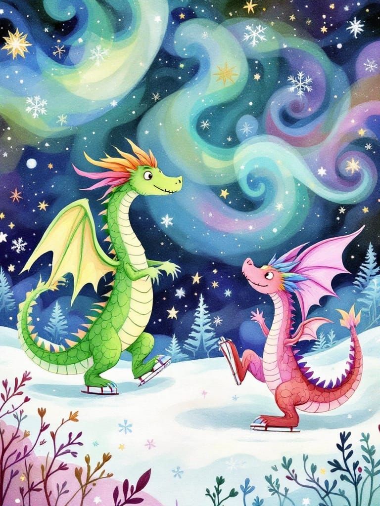 Whimsical Dragons Ice Skate in Enchanted Wonderland