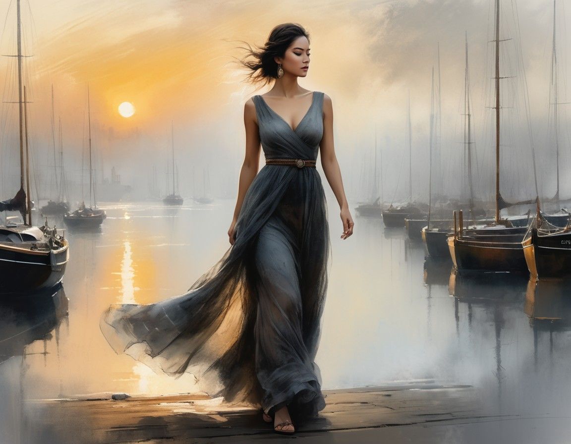 Woman in a marina at sunrise