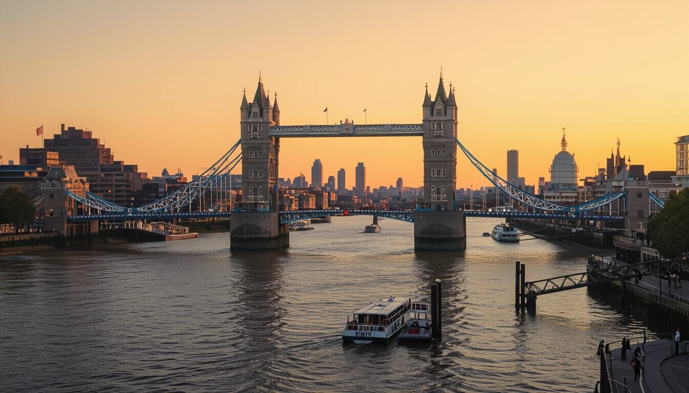 A cityscape with a low view point of a landmark bridge above the river with water flowing in the river
