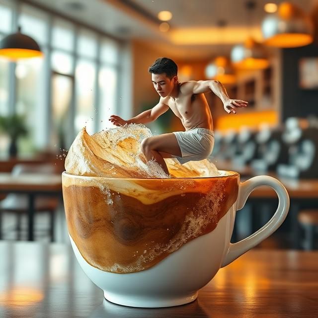 PROMPTS:  A surreal scene, a ceramic coffee cup, the coffee ...