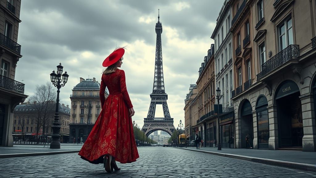 Stylized image of a woman walking down a street in the old town of Paris, everything is in shades of gray except for her clothing which is r...