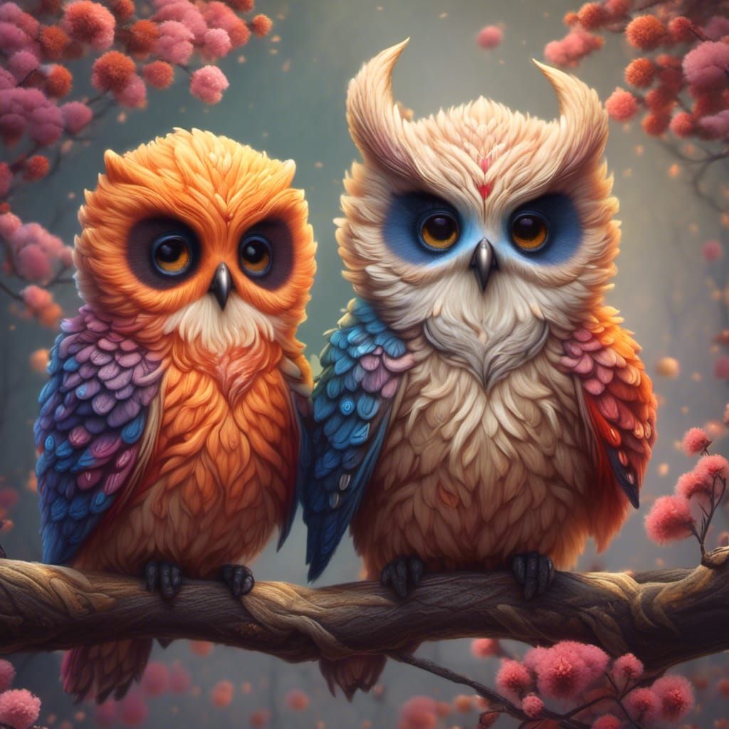 Cute Colorful Fluffy Owls on a Branch