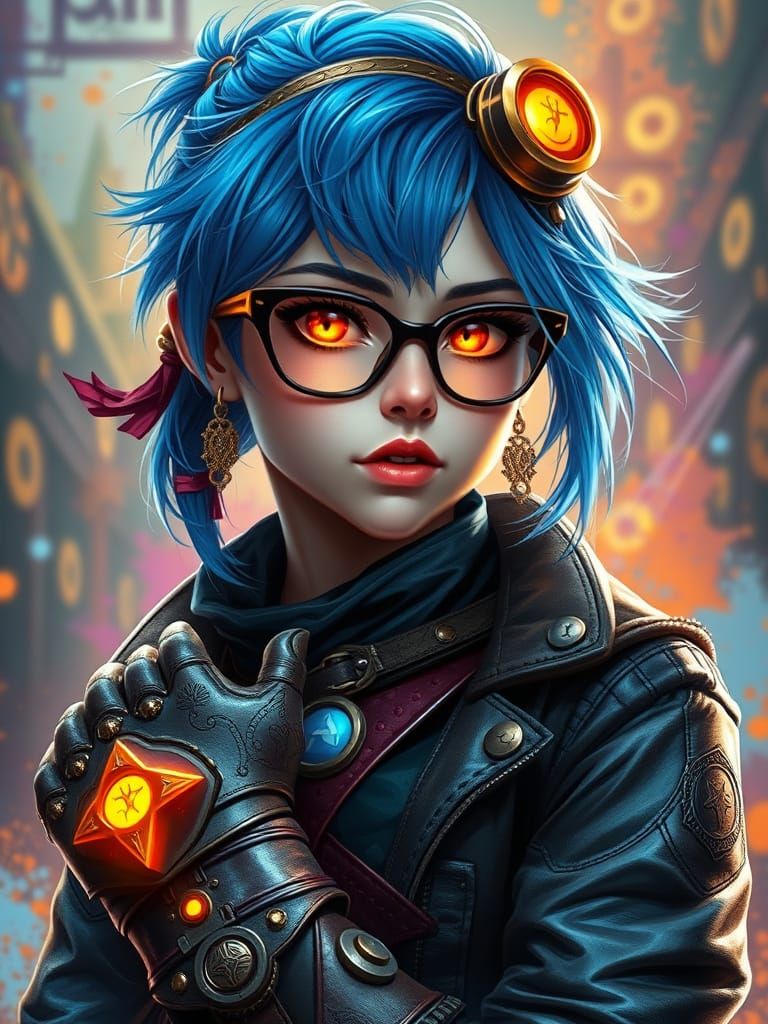 Steampunk portrait artistic image of girl with blue hair orange eyes, body suit, leather jacket, gauntlet runes, teen, royal, with glasses