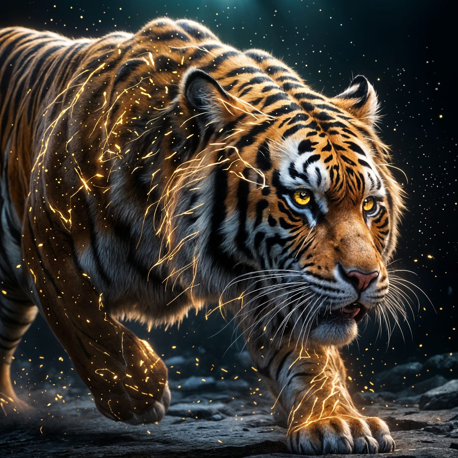 glowing photorealistic sideview of an epic tiger running forward.  by @jnatas