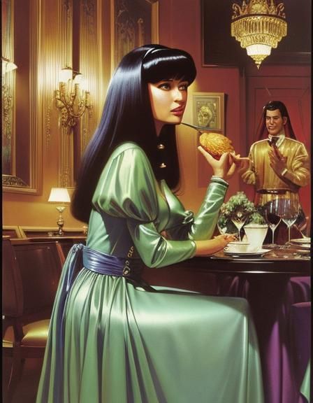 Two aliens on a date in a fancy restaurant.