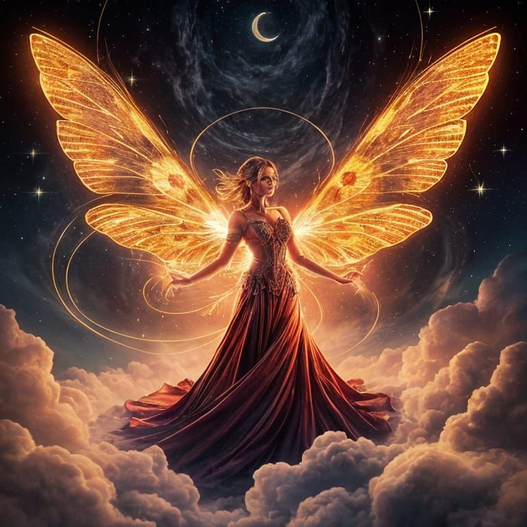 <lora:DreamS X Fantasy:1.0> perfect anatomy woman in magical dress above the clouds, magical flaming butterfly wings at dark night