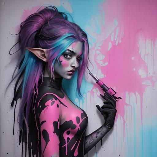 Beautiful Elf in Shadows: Graffiti Art Style