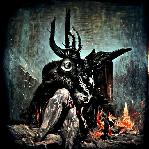 Baphomet sitting on a throne while judging lovingly