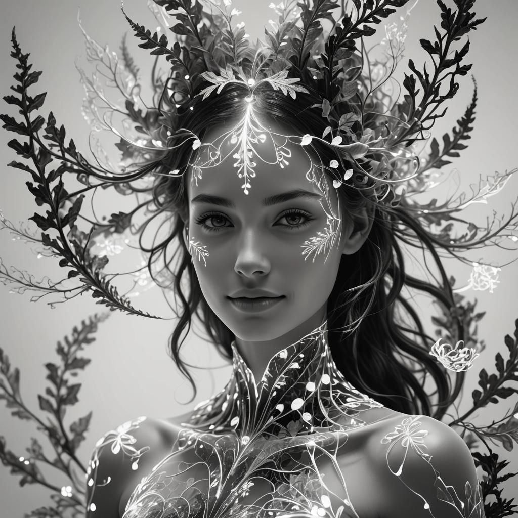 Cinematic ethereal black and white Transparent bioluminescent fractal plants in the shape of a beautiful ...  by @GRAZYNA-BARBARA