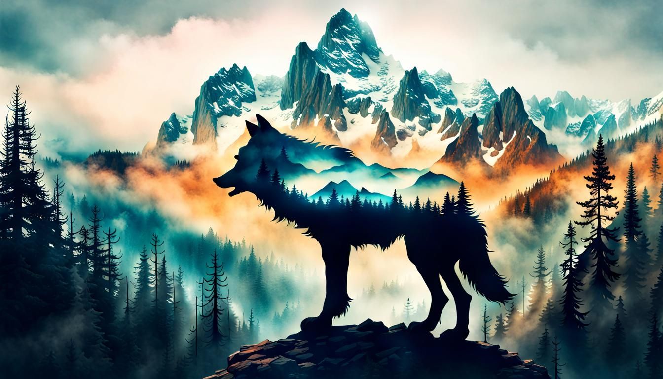 double exposure art!! featuring a majestic mountain landscape merging ...