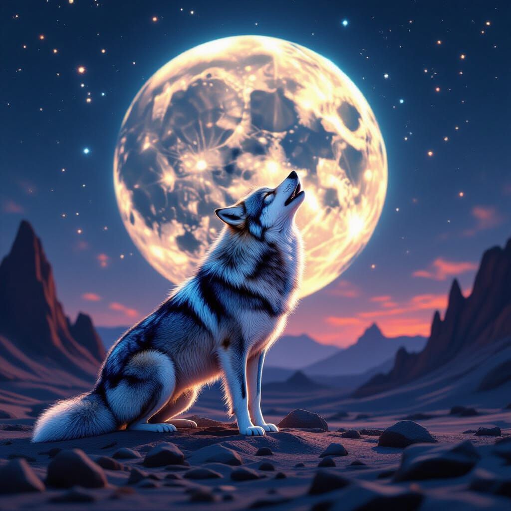 A lone wolf howling at a holographic moon, standing on a desolate, rocky landscape. The wolf's fur is ...  by @Hani1
