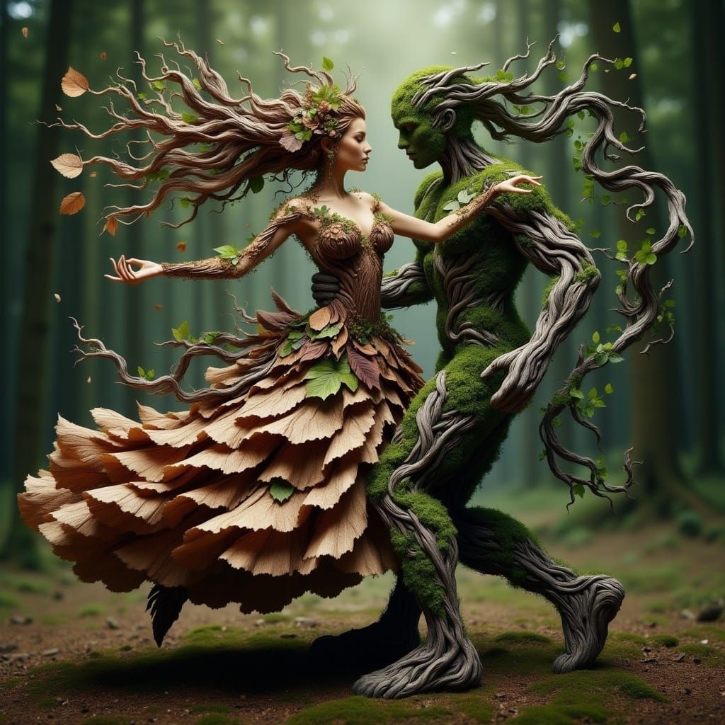 Proportionate Dryad woman in ballgown made of leaves and bark, dancing with stone man <lora:Terra Flux:1.0> beautiful forest 